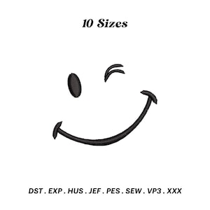Design de bordado com linha de smiley piscando, bordado de rosto emoji, desenho de símbolo de ícone, contorno de rosto sorridente, bordado à máquina, download digital