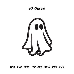 Puede incluir: Contorno en blanco y negro de un fantasma con dos ojos. 10 tamaños. DST, EXP, HUS, JEF, PES, SEW, VP3, XXX.