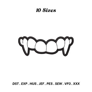 May include: Black and white outline of a set of vampire teeth. The image includes the text "10 Sizes" and "DST. EXP. HUS. JEF. PES. SEW. VP3. XXX".