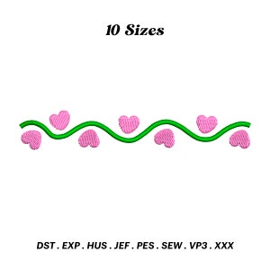 May include: A green wavy line with pink hearts along the top. The text "10 Sizes" is above the line. The text "DST. EXP. HUS. JEF. PES. SEW. VP3. XXX" is below the line.