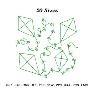 May include: A digital embroidery design featuring four green kites with strings, surrounded by green vines. The design is available in 20 sizes and includes the file formats DST, EXP, HUS, JEF, PES, SEW, VP3, XXX, PCS, and EMB.