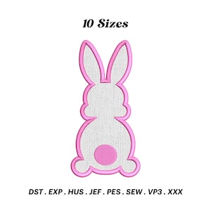 May include: Pink bunny rabbit embroidery design in 10 sizes.  The design is outlined in pink and filled in white.  The bunny has a pink tail.  The design is available in the following formats: DST, EXP, HUS, JEF, PES, SEW, VP3, XXX.