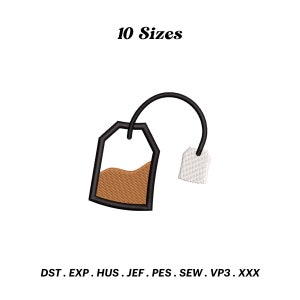 Könnte beinhalten: Ein schwarzer und brauner Teebeutel mit einer weißen Schnur und einem Etikett. Der Text "10 Sizes" befindet sich über dem Teebeutel. Der Text "DST. EXP. HUS. JEF. PES. SEW. VP3. XXX" befindet sich unter dem Teebeutel.