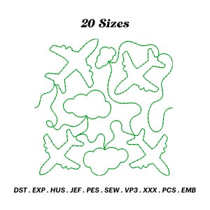 May include: A digital embroidery design featuring 20 sizes of airplanes and clouds. The design is outlined in green and includes the file formats: DST, EXP, HUS, JEF, PES, SEW, VP3, XXX, PCS, EMB.