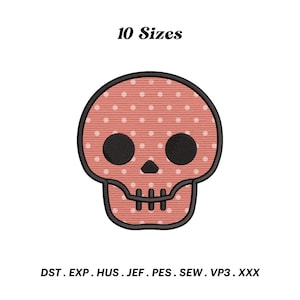 May include: A pink skull with white polka dots and black eyes. The skull is outlined in black. The text "10 Sizes" is above the skull. The text "DST. EXP. HUS. JEF. PES. SEW. VP3. XXX" is below the skull.