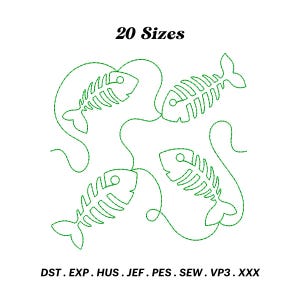 May include: A digital embroidery design of four green fish skeletons in a circular pattern. The design is available in 20 sizes and includes the file formats DST, EXP, HUS, JEF, PES, SEW, VP3, and XXX.