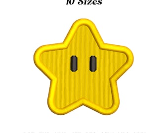 May include: A yellow star with a black outline and two black circles for eyes. The text "10 Sizes" is above the star. The text "DST. EXP. HUS. JEF. PES. SEW. VP3. XXX" is below the star.