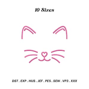 May include: Pink cat face embroidery design with 10 sizes included. The design features a simple outline of a cat's face with ears, whiskers, and a heart-shaped nose.