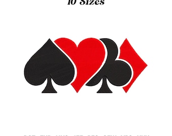 Peut inclure: Un motif de broderie représentant quatre symboles de cartes à jouer : une pique noire, un cœur rouge, un trèfle noir et un carreau rouge. Le motif est disponible en 10 tailles. DST, EXP, HUS, JEF, PES, SEW, VP3, XXX.