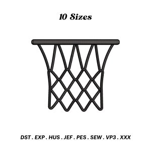 May include: Black and white embroidery design of a basketball hoop with a net. The design is available in 10 sizes. DST, EXP, HUS, JEF, PES, SEW, VP3, XXX.