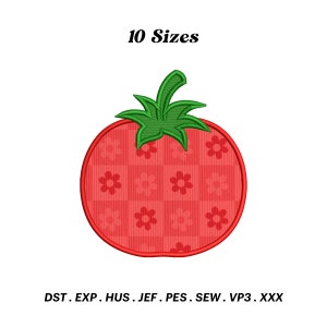 May include: Red tomato embroidery design with a green stem and a checkered pattern of small white flowers. 10 Sizes: DST, EXP, HUS, JEF, PES, SEW, VP3, XXX.