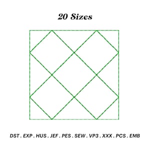 May include: A digital embroidery design of a diamond pattern with 20 different sizes. The design is available in the following formats: DST, EXP, HUS, JEF, PES, SEW, VP3, XXX, PCS, EMB.