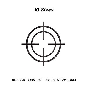 May include: Black and white target symbol with 10 sizes available in embroidery formats: DST, EXP, HUS, JEF, PES, SEW, VP3, XXX.