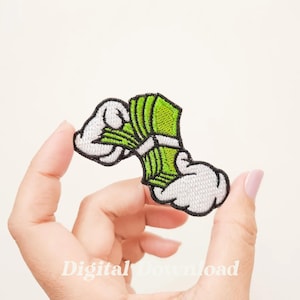 May include: An embroidered patch featuring a cartoon hand holding a stack of money. The hand is white with black outlines and the money is green with black outlines.