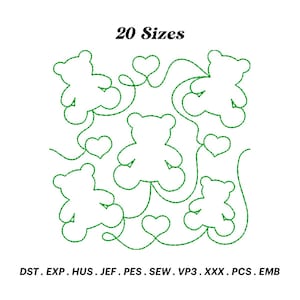 May include: A digital embroidery design of five teddy bears and hearts, with the text "20 Sizes" at the top. The design is outlined in green and includes the file formats: DST, EXP, HUS, JEF, PES, SEW, VP3, XXX, PCS, EMB.