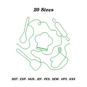 May include: Green outline of a chef's hat, rolling pin, spatula, and oven mitt. The text "20 Sizes" is above the image. The text "DST. EXP. HUS. JEF. PES. SEW. VP3. XXX" is below the image.