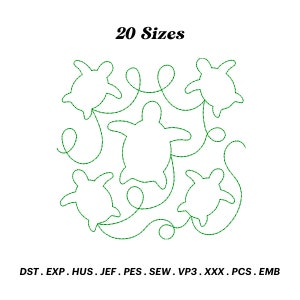 May include: A digital embroidery design of five green outlined turtles with a swirling pattern. The design is available in 20 sizes and includes the file formats: DST, EXP, HUS, JEF, PES, SEW, VP3, XXX, PCS, EMB.