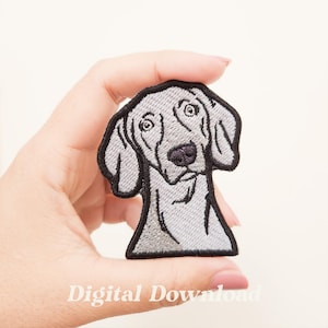 May include: Embroidered patch featuring a gray dog with a black outline. The dog has a detailed face with a black nose and is held by a hand. The text "Digital Download" is at the bottom.