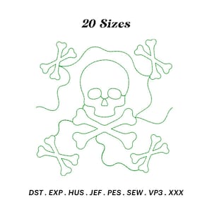 May include: Green outline of a skull and crossbones with the text "20 Sizes" above and "DST. EXP. HUS. JEF. PES. SEW. VP3. XXX" below.