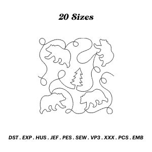 May include: A black and white line art design of four bears and a pine tree. The design is surrounded by a series of loops and swirls. The text "20 Sizes" is at the top of the image. The text "DST. EXP. HUS. JEF. PES. SEW. VP3. XXX. PCS. EMB" is at the bottom of the image.