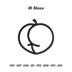May include: Black and white outline of a peach with a stem. 10 Sizes. DST, EXP, HUS, JEF, PES, SEW, VP3, XXX.