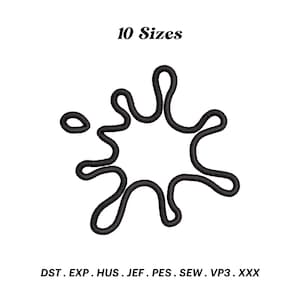 May include: Black and white outline of a paint splatter, with the text "10 Sizes" above the image and "DST. EXP. HUS. JEF. PES. SEW. VP3. XXX" below the image.