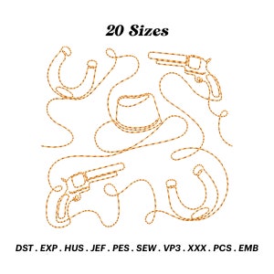 Könnte beinhalten: Ein Set mit 20 Größen digitaler Stickmuster mit einem Cowboyhut, zwei Pistolen und zwei Hufeisen. Das Design ist mit einem seilartigen Muster umrandet. Die enthaltenen Dateiformate sind DST, EXP, HUS, JEF, PES, SEW, VP3, XXX, PCS und EMB.