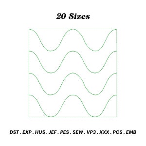 Peut inclure: Un motif de broderie numérique de vagues. Le motif est disponible en 20 tailles et dans les formats suivants : DST, EXP, HUS, JEF, PES, SEW, VP3, XXX, PCS, EMB.