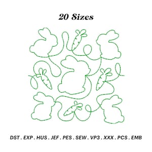 Könnte beinhalten: Ein digitales Stickmuster mit 20 Größen von Hasen und Karotten. Das Design ist in Grün umrandet und perfekt für die Erstellung eines lustigen und festlichen Osterprojekts.  DST, EXP, HUS, JEF, PES, SEW, VP3, XXX, PCS, EMB.