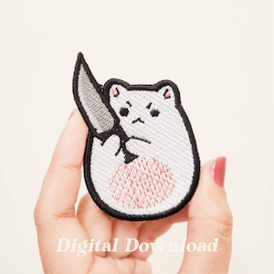 May include: White embroidered iron-on patch of a cat holding a knife. The cat has a pink nose and black eyes. The knife is gray and black.