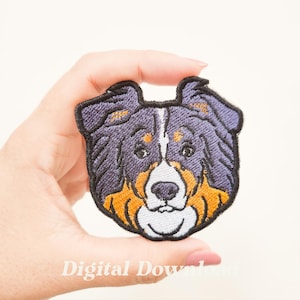 May include: Embroidered dog head patch with a detailed design. The dog has a black and grey coat, with orange and white accents. The patch is held in a hand against a white background. Text at the bottom reads "Digital Download".