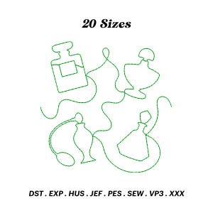May include: A digital embroidery design featuring four perfume bottles in a green outline. The design includes the text "20 Sizes" and "DST. EXP. HUS. JEF. PES. SEW. VP3. XXX".