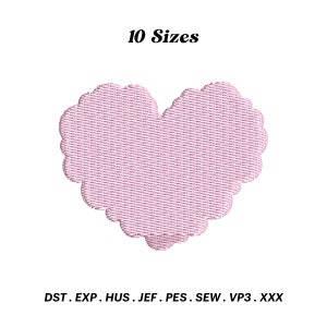 May include: Pink heart-shaped embroidery design with a scalloped edge. 10 Sizes. DST, EXP, HUS, JEF, PES, SEW, VP3, XXX.