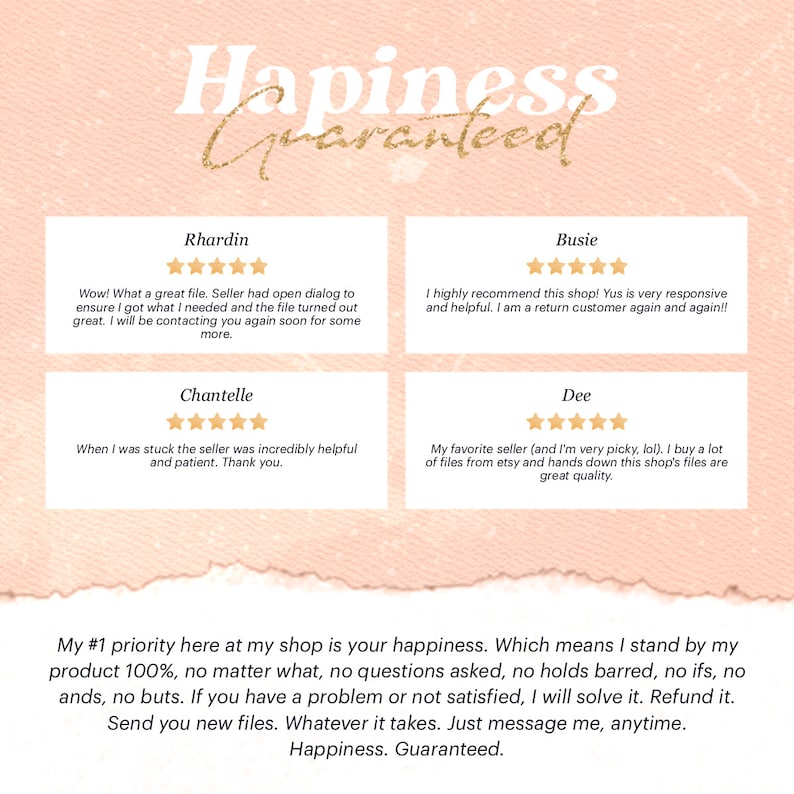 May include: A pink background with a white text overlay that reads "Happiness Guaranteed". Four customer reviews are displayed with five-star ratings and positive comments about the seller's products and service.
