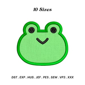 Può includere: Design di ricamo di rana di cartone animato verde con occhi neri e un piccolo sorriso. Il design è disponibile in 10 dimensioni e nei seguenti formati: DST, EXP, HUS, JEF, PES, SEW, VP3, XXX.