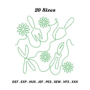 May include: Green line art design of gardening tools and flowers. The design includes a trowel, a pair of scissors, a rake, and four flowers. The text "20 Sizes" is at the top of the design. The text "DST. EXP. HUS. JEF. PES. SEW. VP3. XXX" is at the bottom of the design.