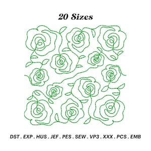 Puede incluir: Un diseño de bordado digital de un patrón repetido de rosas verdes con hojas. El diseño está disponible en 20 tamaños y en los siguientes formatos: DST, EXP, HUS, JEF, PES, SEW, VP3, XXX, PCS, EMB.