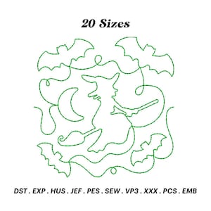 May include: Green line art design of a witch flying on a broomstick with bats and a crescent moon. The design includes the text "20 Sizes" and the file formats "DST, EXP, HUS, JEF, PES, SEW, VP3, XXX, PCS, EMB".