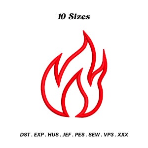 May include: Red outline of a flame with 10 sizes available in the following formats: DST, EXP, HUS, JEF, PES, SEW, VP3, XXX.