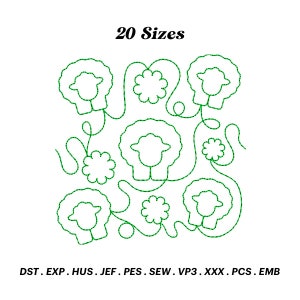 Peut inclure: Un contour vert d'un motif avec des moutons et des fleurs. Le texte "20 Sizes" est en haut de l'image. Le texte "DST. EXP. HUS. JEF. PES. SEW. VP3. XXX. PCS. EMB" est en bas de l'image.