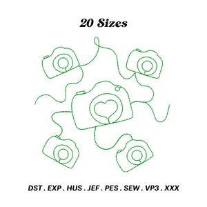 May include: Green outline embroidery design of five cameras with hearts in the viewfinders. The design is available in 20 sizes and in the following formats: DST, EXP, HUS, JEF, PES, SEW, VP3, XXX.