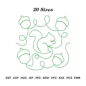 May include: A green line drawing of a squirrel sitting on a branch with acorns. The text "20 Sizes" is above the image. The text "DST. EXP. HUS. JEF. PES. SEW. VP3. XXX. PCS. EMB" is below the image.