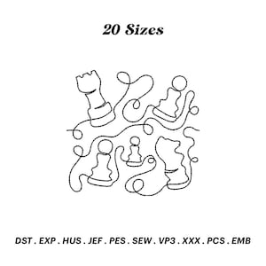 May include: A black and white line drawing of chess pieces, including a rook, pawn, and knight. The image is titled "20 Sizes" and includes the file formats DST, EXP, HUS, JEF, PES, SEW, VP3, XXX, PCS, and EMB.