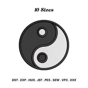 Puede incluir: Diseño de bordado de símbolo Yin Yang en blanco y negro. 10 tamaños disponibles en formatos DST, EXP, HUS, JEF, PES, SEW, VP3, XXX.