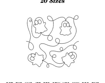 May include: A black and white line drawing of four ghosts with a swirl design. The text "20 Sizes" is at the top of the image. The text "DST. EXP. HUS. JEF. PES. SEW. VP3. XXX. PCS. EMB" is at the bottom of the image.