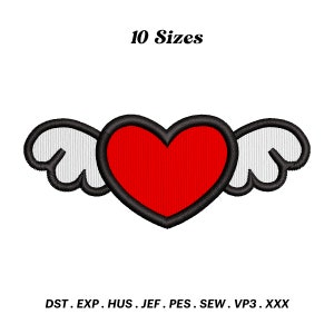 May include: Red heart with white wings, a simple embroidery design available in 10 sizes.  The design is available in the following formats: DST, EXP, HUS, JEF, PES, SEW, VP3, XXX.