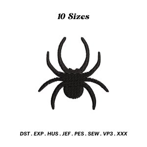 May include: Black silhouette of a spider with eight legs. 10 Sizes. DST, EXP, HUS, JEF, PES, SEW, VP3, XXX.