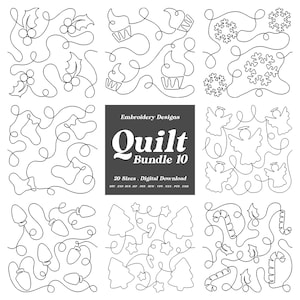 May include: A digital download bundle of embroidery designs for quilting. The image features nine square designs with continuous line drawings of holiday themes, including holly, cupcakes, snowflakes, angels, Christmas lights, trees, and candy canes. The text reads "Quilt Bundle 10".