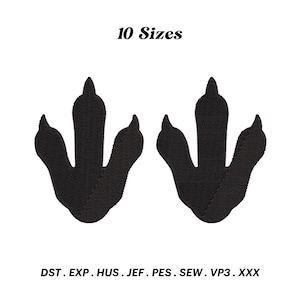 May include: Two black dinosaur footprints, side by side, in a silhouette style. The image includes the text "10 Sizes" and "DST. EXP. HUS. JEF. PES. SEW. VP3. XXX".