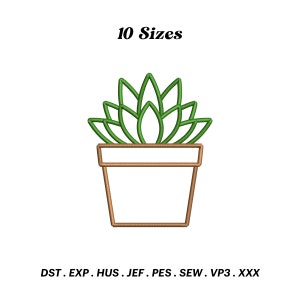 May include: A line drawing of a succulent plant in a pot. The succulent is green, and the pot is brown with a white rim. The text "10 Sizes" is above the plant, and embroidery file formats are listed below.